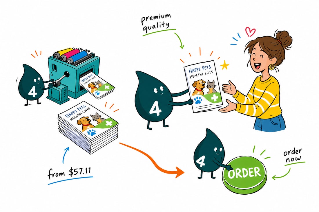 Wally the 4OVER4 mascot handing an open full-color veterinary brochure, priced at $57.11 for 50, across a clinic counter to a pet owner holding a dog, teal hand-drawn line art.