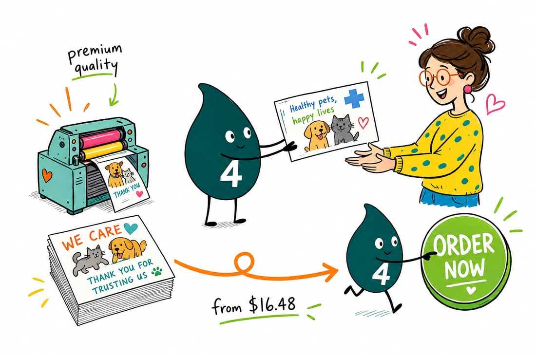 Wally the 4OVER4 mascot handing a veterinary appointment reminder postcard, priced at $16.48 for 50, across a clinic counter to a pet owner with a dog, teal hand-drawn line art.