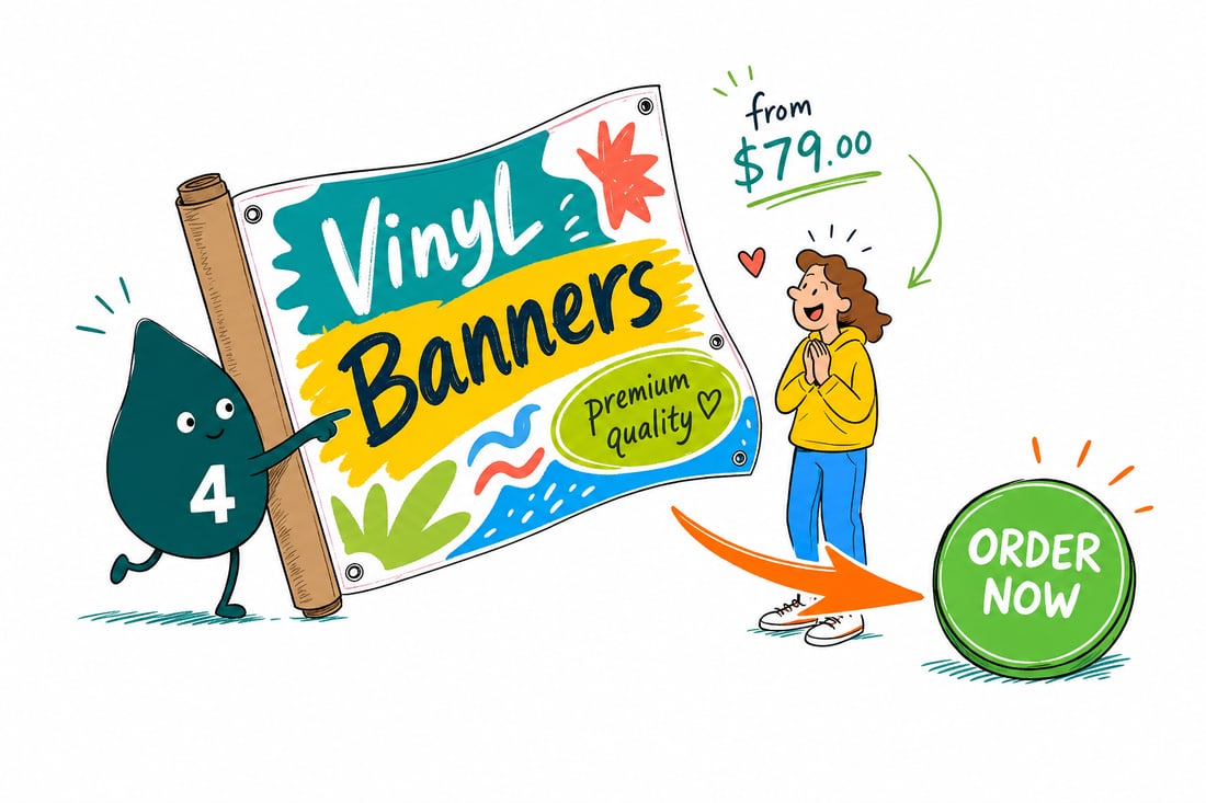 Wally the 4OVER4 mascot hanging a large full-color vinyl banner priced from $79, with reinforced hems and pole pockets, teal hand-drawn line art.