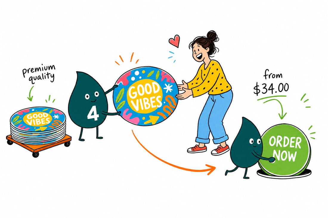 Wally the 4OVER4 mascot pressing a printed vinyl floor graphic with a bold arrow onto a store floor, priced from $34, teal hand-drawn line art.