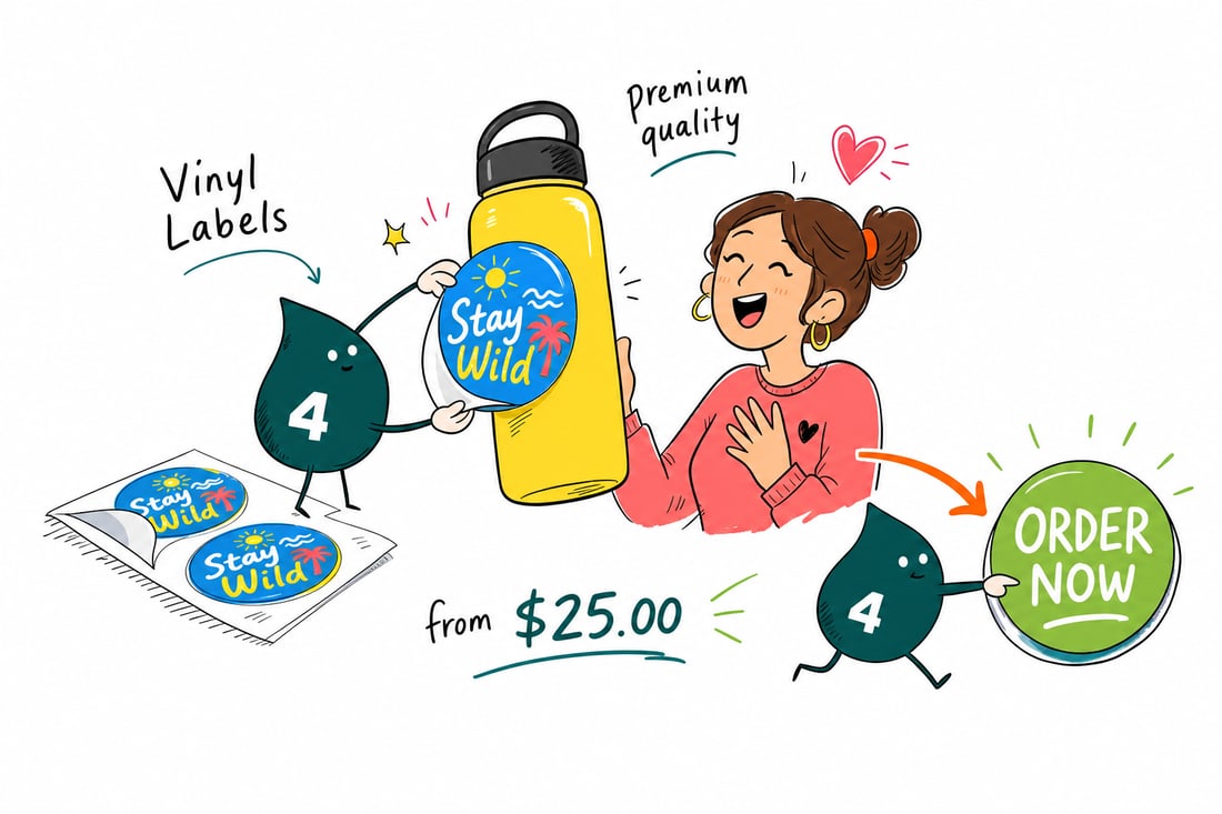 Wally the 4OVER4 mascot pressing a glossy vinyl label onto a bottle, with clear, white and fluorescent label swatches fanned beside him, teal hand-drawn line art.
