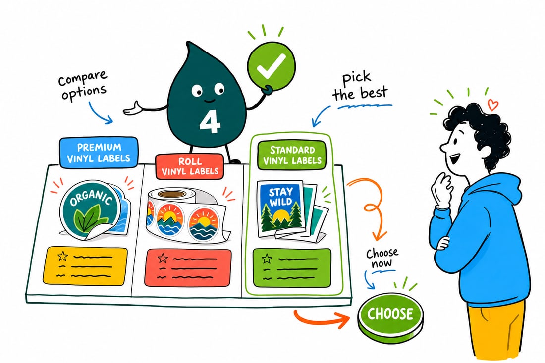 Wally compares Vinyl Labels options side by side at 4OVER4.COM
