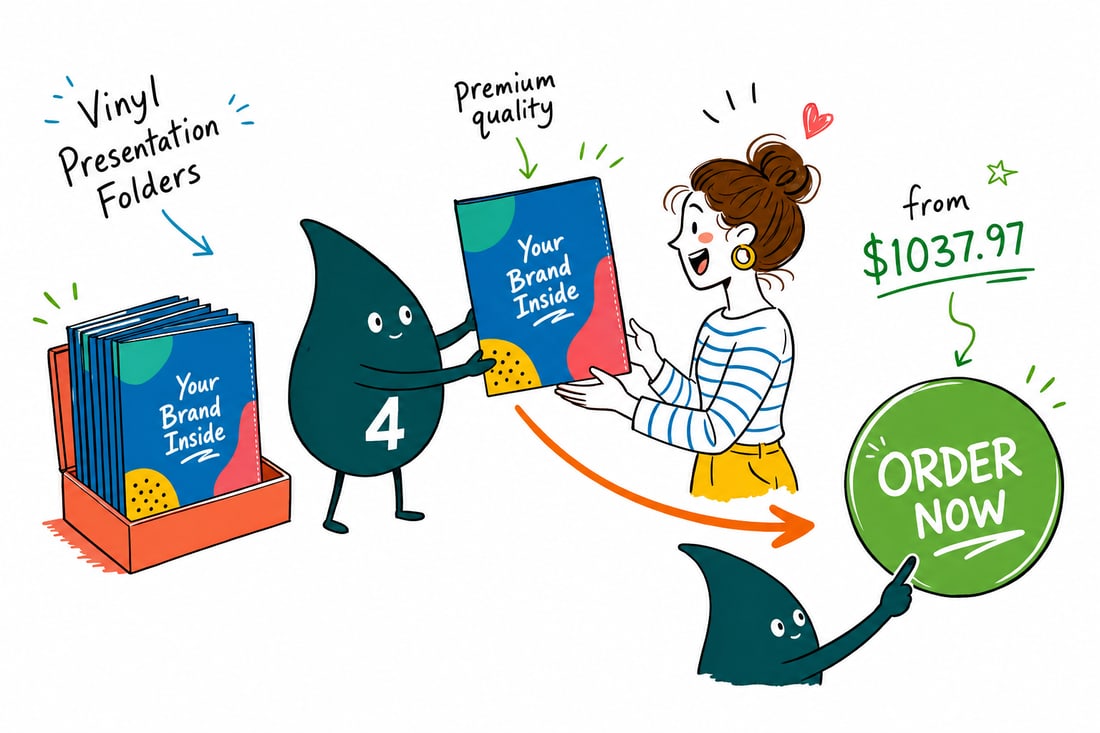 Wally the 4OVER4 mascot holding open a 9 by 12 inch vinyl presentation folder with document pockets and a tucked-in business card, teal hand-drawn line art.