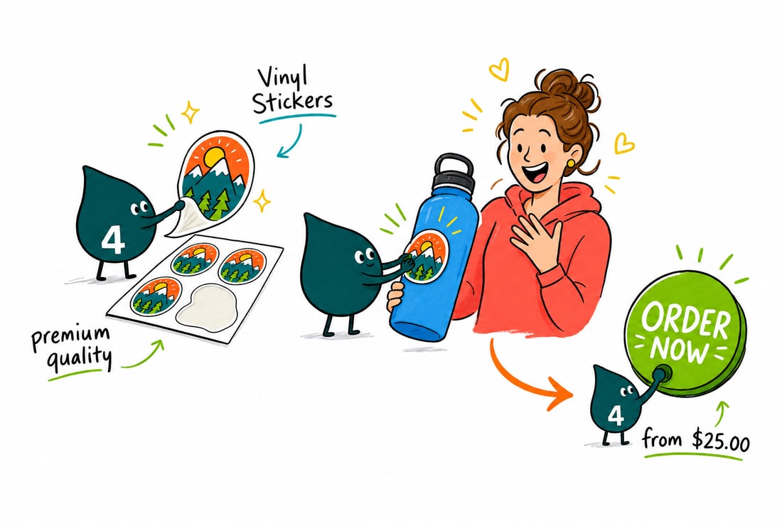 Wally the 4OVER4 mascot pressing a full color vinyl sticker onto a laptop, priced from $25, teal hand-drawn line art.