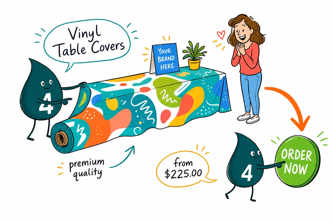 Wally the 4OVER4 mascot draping a full color printed vinyl table cover over a 6-foot trade show table, priced from $225, teal hand-drawn line art.