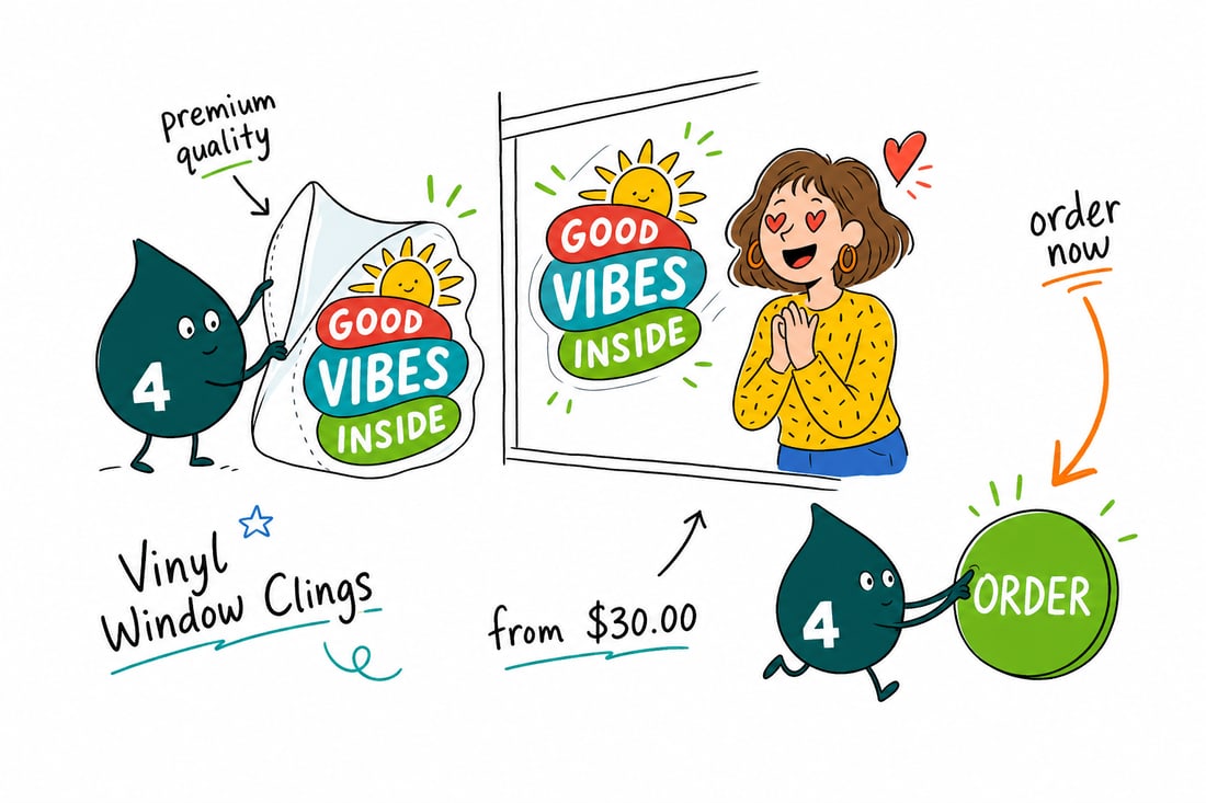 Wally the 4OVER4 mascot pressing a clear vinyl window cling onto a storefront window, teal hand-drawn line art.