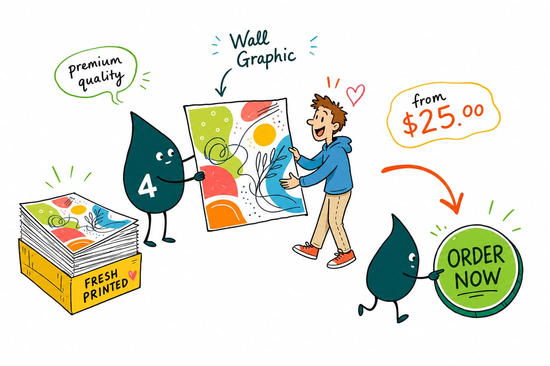 Wally the 4OVER4 mascot smoothing a large full-color wall graphic onto an office wall, priced from $25, teal hand-drawn line art.