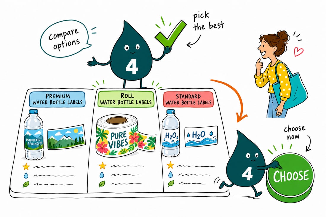 Wally compares Water Bottle Labels options side by side at 4OVER4.COM
