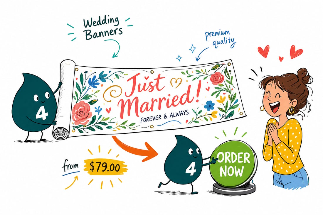 Wally the 4OVER4 mascot hanging a printed wedding banner reading Mr and Mrs above a reception table, teal hand-drawn line art.