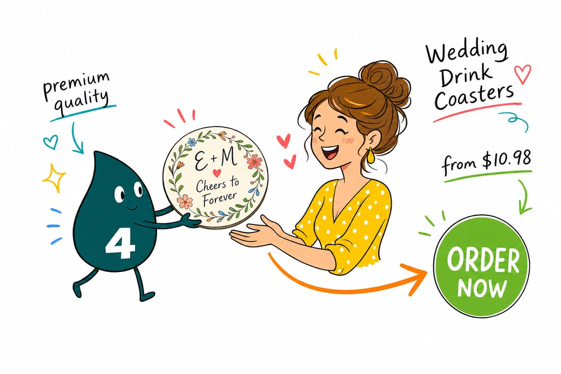 Wally the 4OVER4 mascot setting a printed round wedding drink coaster, priced at $10.98 for 10, under a champagne glass on a reception table, teal hand-drawn line art.