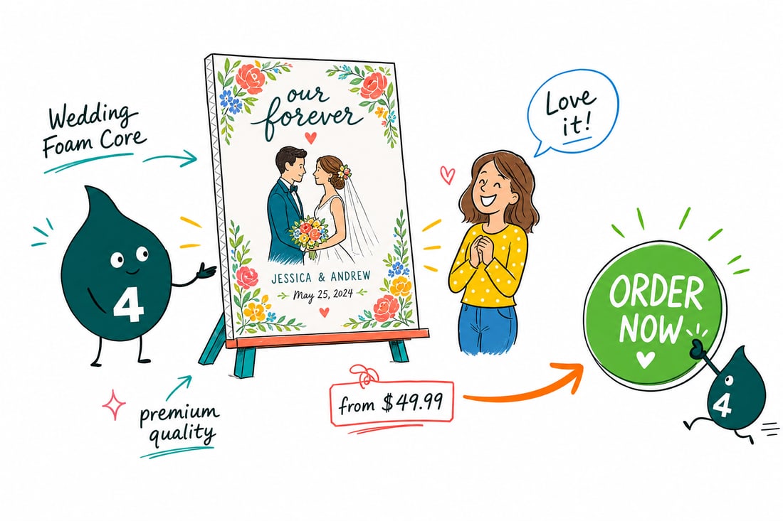 Wally the 4OVER4 mascot setting a printed wedding foam core welcome sign on an easel, priced from $49.99, teal hand-drawn line art.