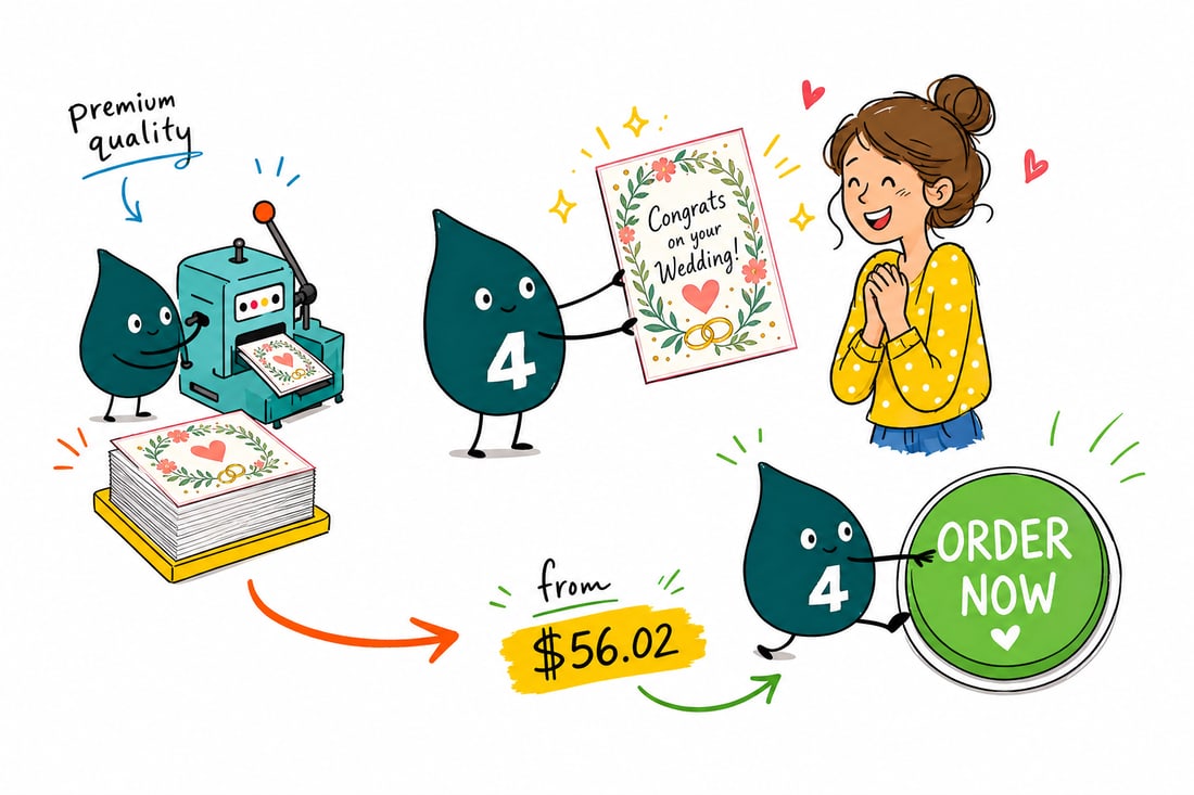 Wally the 4OVER4 mascot handing a folded 5 by 7 inch wedding greeting card with a matching envelope, priced at $56.02 for 50, across a counter to a happy couple, teal hand-drawn line art.