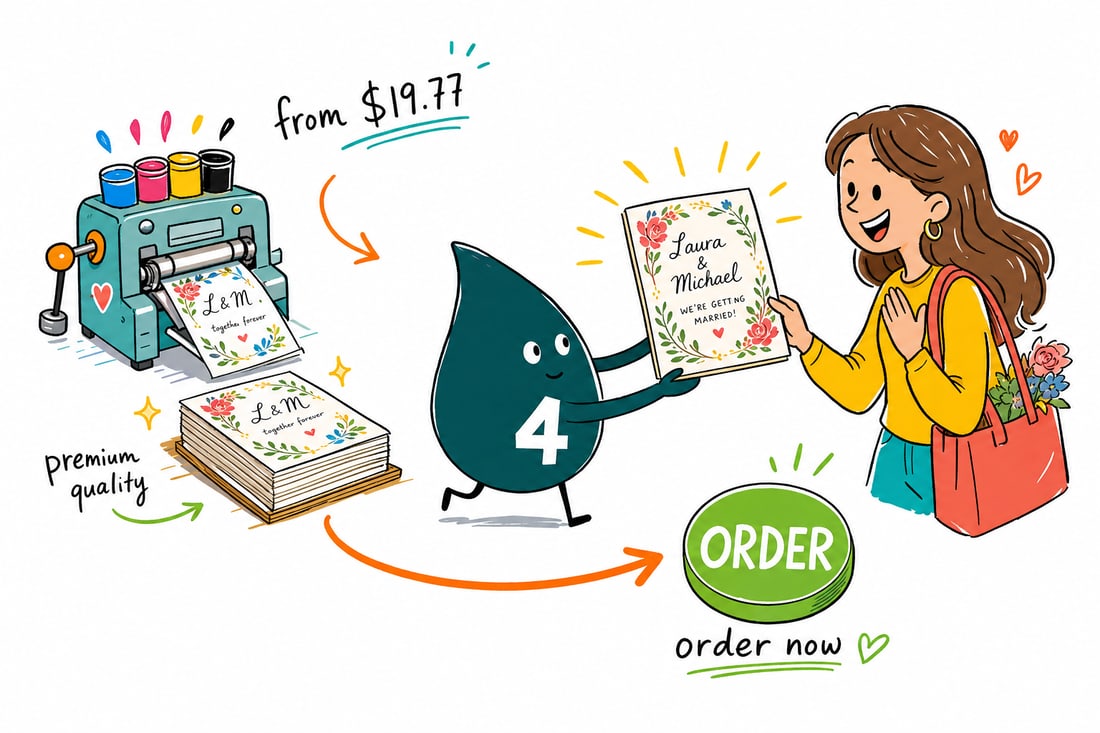 Wally the 4OVER4 mascot handing a printed wedding invitation, priced at $19.77 for 25, with a matching white wove envelope, teal hand-drawn line art.