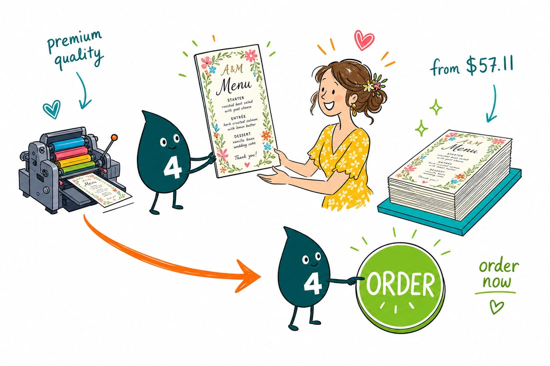 Wally the 4OVER4 mascot placing a printed wedding menu at an elegant reception place setting, priced from $57.11 for 50, teal hand-drawn line art.