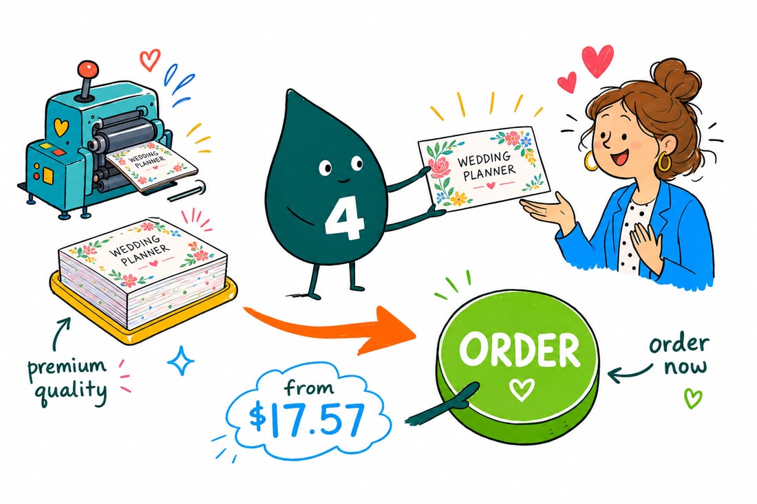 Wally the 4OVER4 mascot handing a wedding planner business card, priced at $17.57 for 100, across a table to an engaged couple, teal hand-drawn line art.