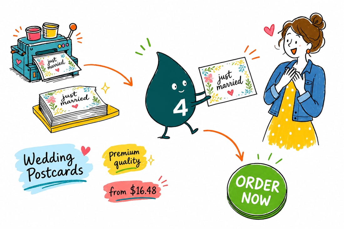 Wally the 4OVER4 mascot handing a wedding postcard printed with a save-the-date, priced at $16.48 for 50, across a counter to a happy couple, teal hand-drawn line art.