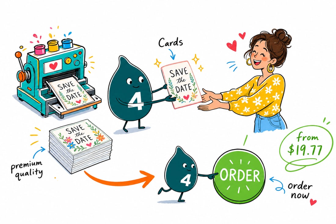 Wally the 4OVER4 mascot handing a wedding save the date card, priced from $19.77 for 25, to a happy couple, teal hand-drawn line art.