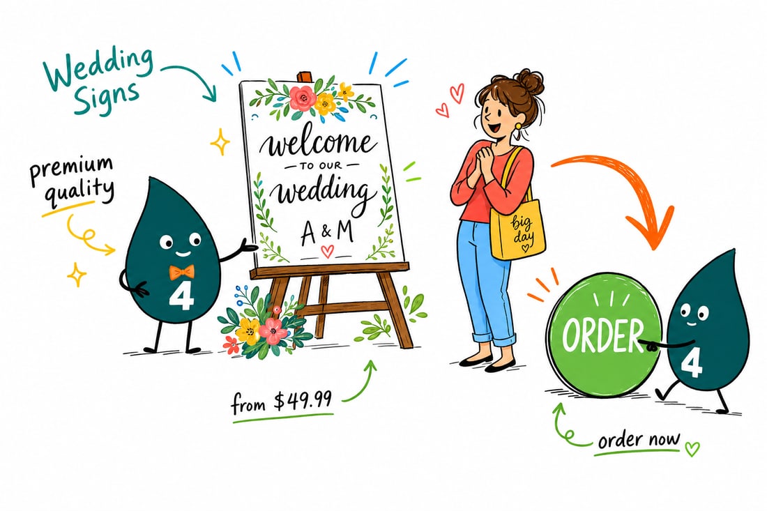 Wally the 4OVER4 mascot setting up a printed wedding welcome sign on an easel, priced from $49.99, teal hand-drawn line art.