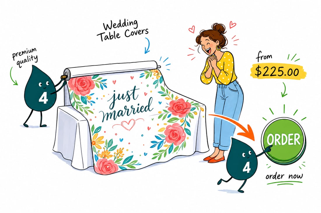 Wally the 4OVER4 mascot draping a printed wedding table cover over a reception table, priced from $225, teal hand-drawn line art.