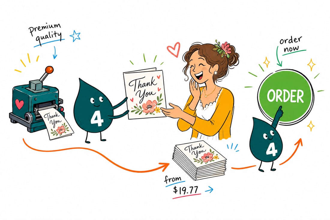 Wally the 4OVER4 mascot handing a wedding thank you card and matching envelope, priced from $19.77 for 25, across a counter to a happy newlywed couple, teal hand-drawn line art.