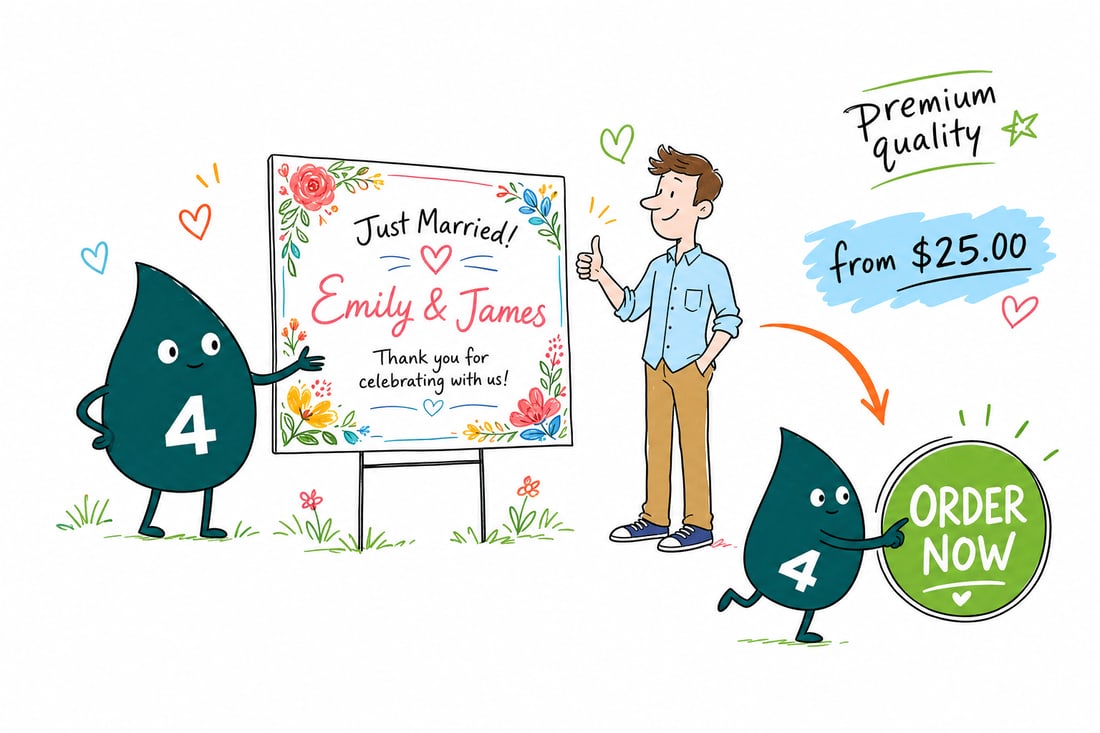 Wally the 4OVER4 mascot planting a full color wedding yard sign on a metal H-stake in a lawn, an arrow pointing guests toward the ceremony, teal hand-drawn line art.