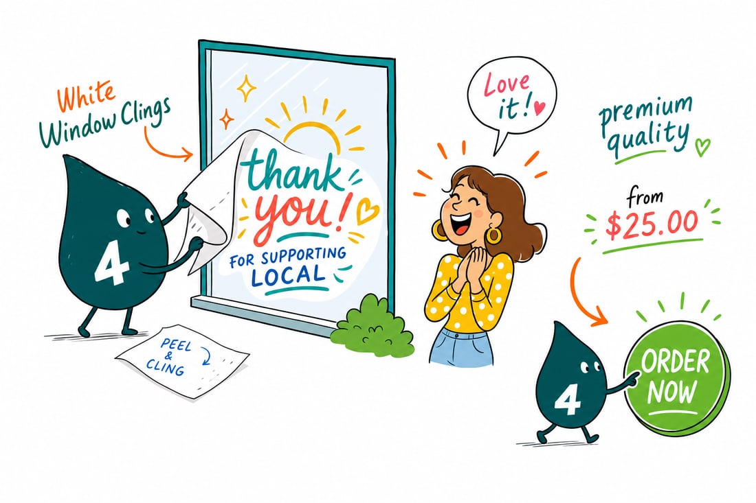 Wally the 4OVER4 mascot pressing a white window cling printed with a bold sale message onto a storefront window, priced from $25, teal hand-drawn line art.