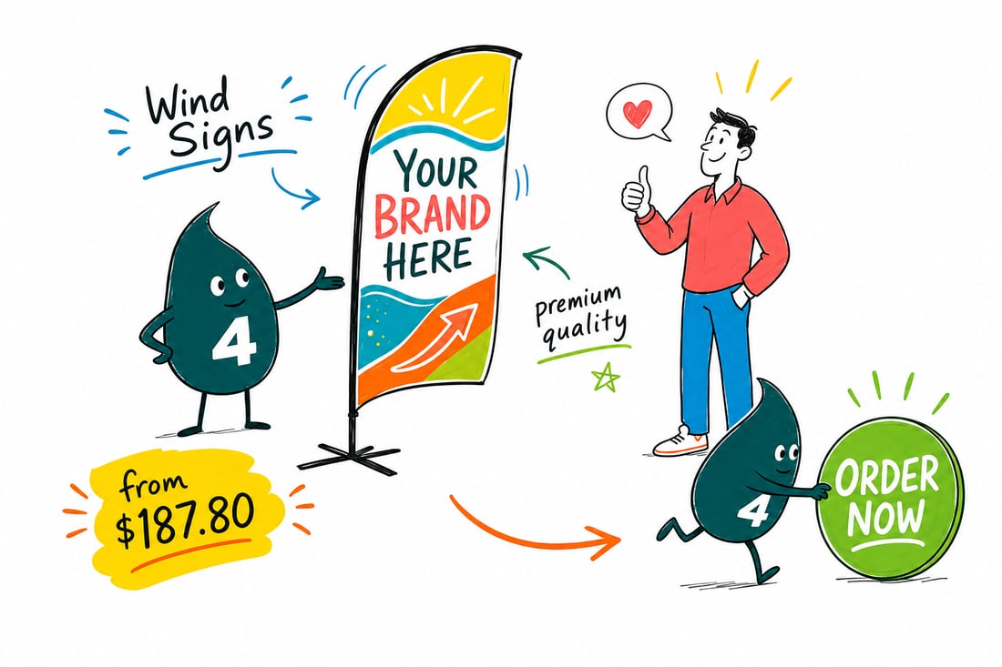 Wally the 4OVER4 mascot beside a gray plastic wind sign frame priced at $361.37, holding a 24 by 36 inch corrugated plastic sign printed front only, with a second sign ready, teal hand-drawn line art.