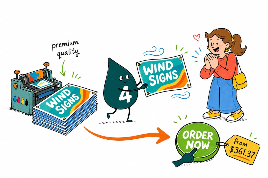 Wally the 4OVER4 mascot beside a gray plastic wind sign frame priced at $361.37, holding a 24 by 36 inch corrugated plastic sign printed front only, with a second sign ready, teal hand-drawn line art.