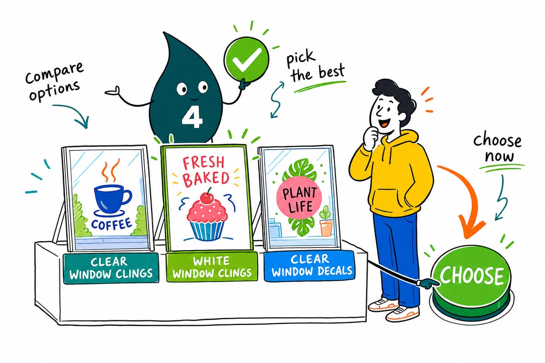 Wally compares Window Clings options side by side at 4OVER4.COM