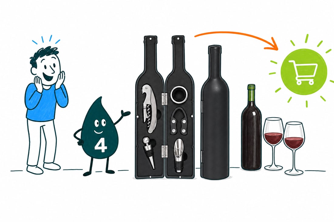 Wally the 4OVER4 mascot handing over a tall wine bottle shaped gift set, priced at $15, teal hand-drawn line art.