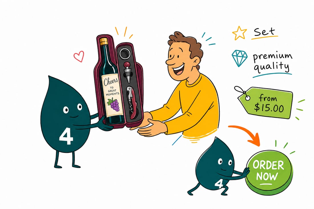 Wally the 4OVER4 mascot handing over a tall wine bottle shaped gift set printed with a custom label, priced at $15, teal hand-drawn line art.