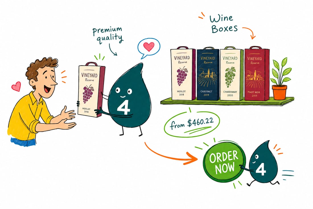 Wally the 4OVER4 mascot sliding a tall full-color printed wine box over a wine bottle, priced from $460.22 for 50, teal hand-drawn line art.