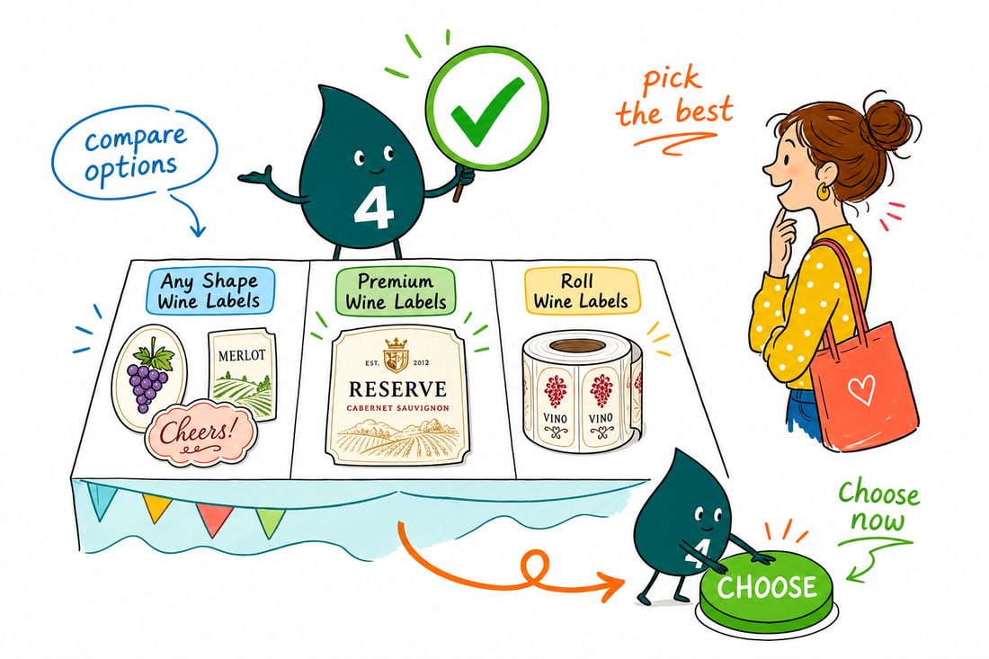 Wally compares Wine Labels options side by side at 4OVER4.COM