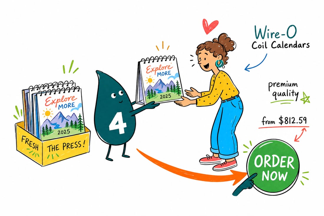Wally the 4OVER4 mascot holding a wire-o coil bound wall calendar flipped open to a bright monthly grid, teal hand-drawn line art.
