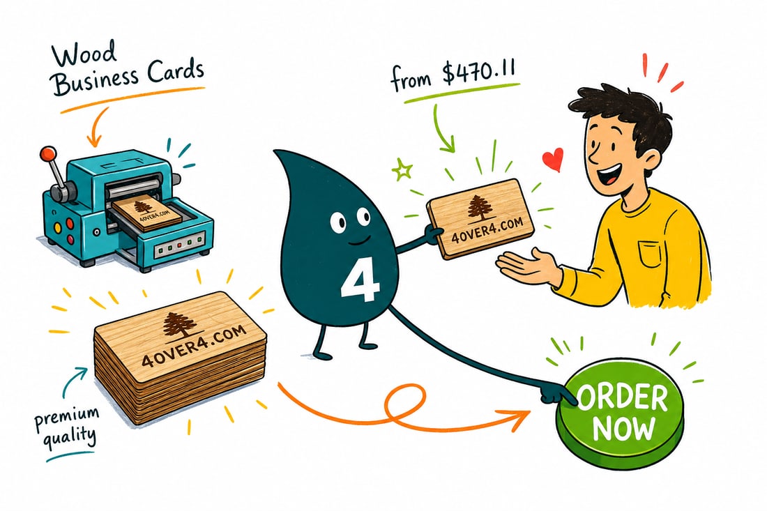 Wally the 4OVER4 mascot handing a real wood business card laser engraved with a logo across a counter to a happy customer, teal hand-drawn line art.