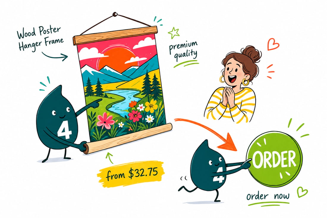 Wally the 4OVER4 mascot hanging a semi gloss canvas poster in a wooden hanger frame, priced at $32.75, on a wall, teal hand-drawn line art.