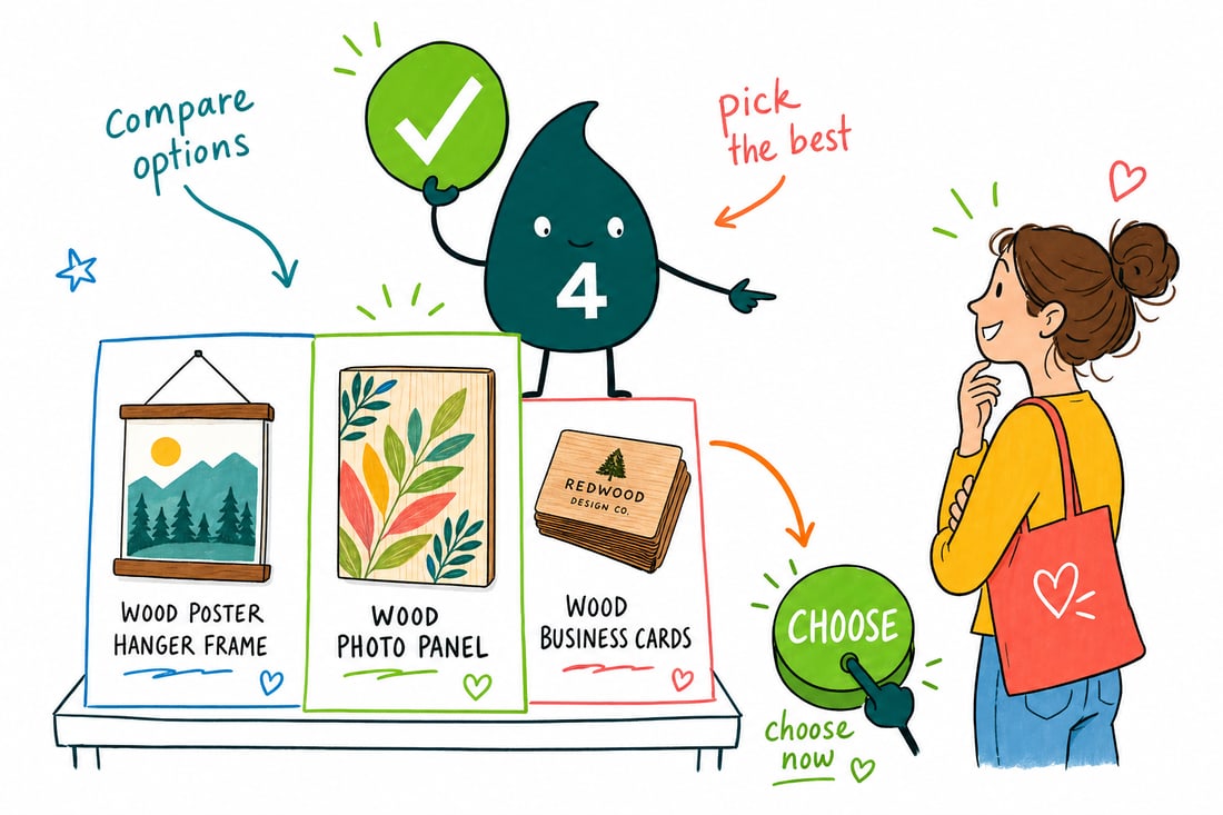 Wally compares Wood Printing options side by side at 4OVER4.COM
