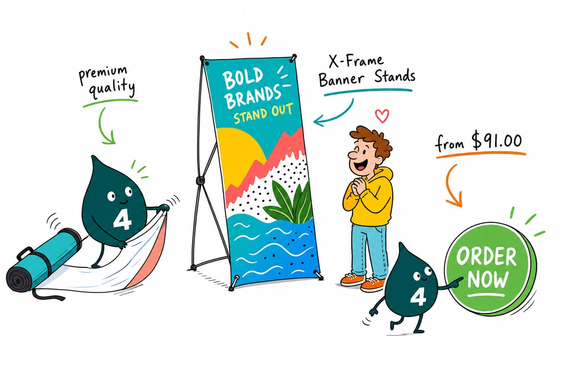 Wally the 4OVER4 mascot opening a folding X-shaped banner stand and clipping a tall printed banner onto it, priced from $91, teal hand-drawn line art.