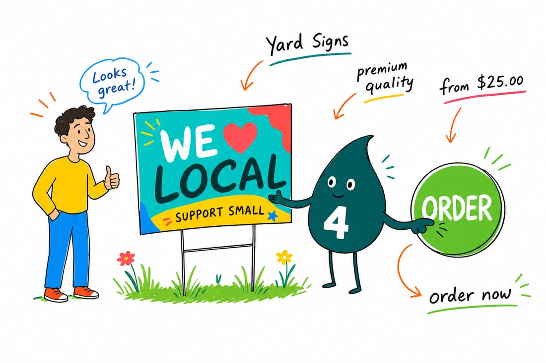 Wally the 4OVER4 mascot pushing a full-color 12 by 18 inch coroplast yard sign on an H-stake into a green lawn, priced at $25, teal hand-drawn line art.