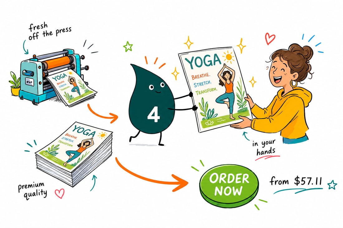 Wally the 4OVER4 mascot handing a full-color yoga flyer, priced from $57.11, to a student at a studio front desk, teal hand-drawn line art.