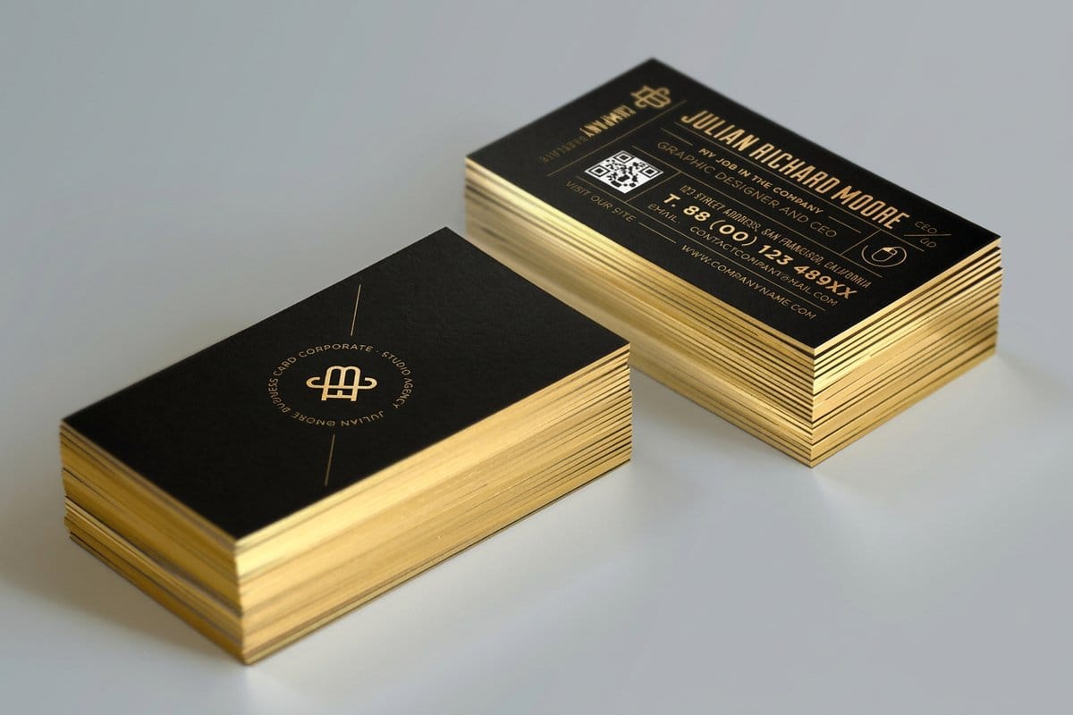 Edge gilded business cards from 4OVER4 on 48pt laminated stock with a foil band on every side
