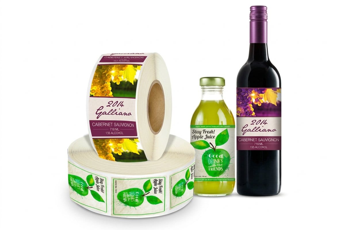 Roll beverage labels printed by 4OVER4.COM feeding a labeling line for drink branding