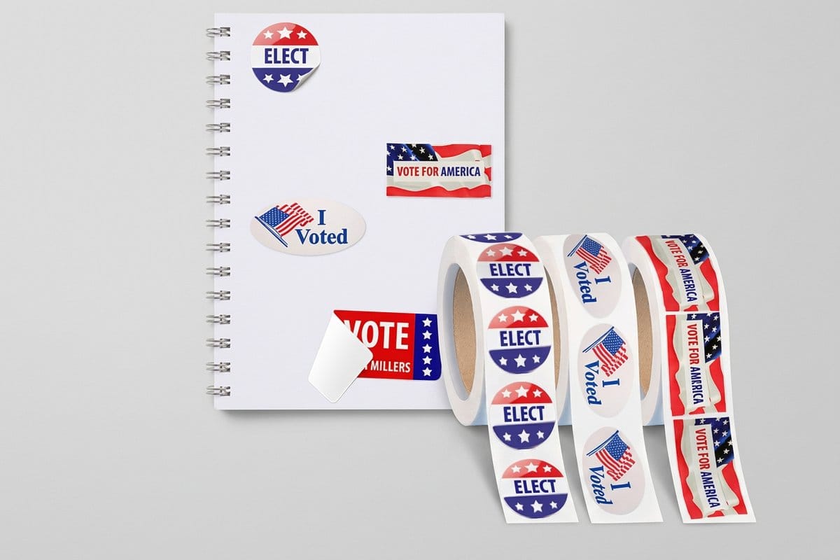 Roll campaign and political stickers printed by 4OVER4 spreading one consistent message