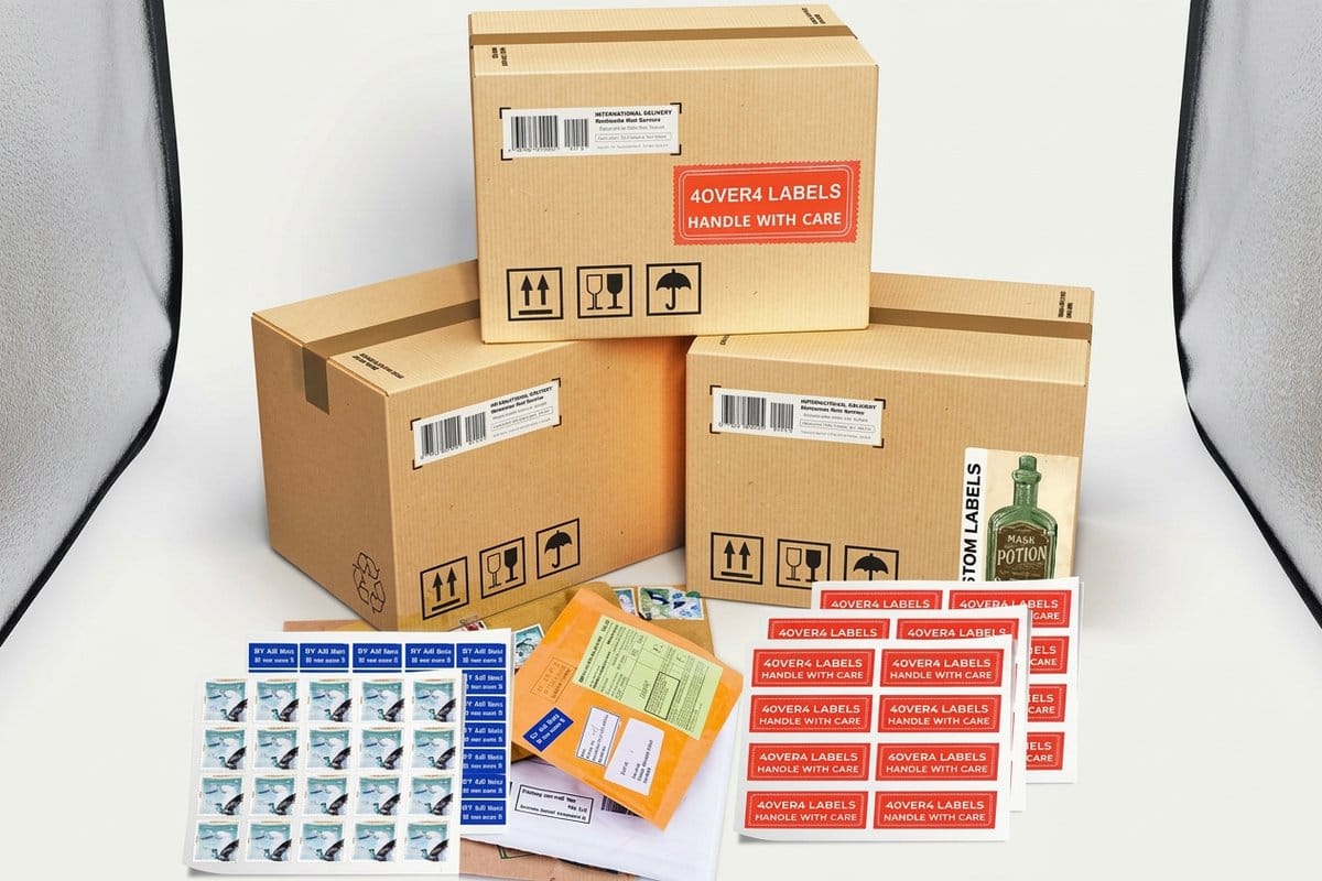 Standard shipping and mailing labels printed by 4OVER4 on sheet stock