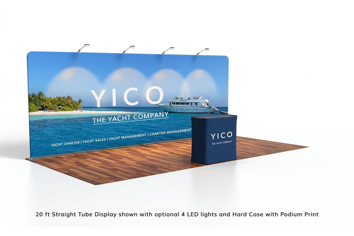 Straight tension fabric display with a one piece printed backdrop from 4OVER4.COM