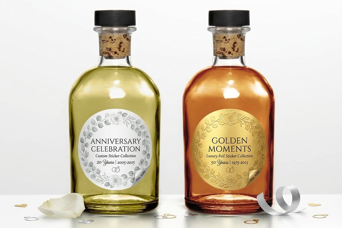 Anniversary stickers printed by 4OVER4.COM for retail packaging and counter displays