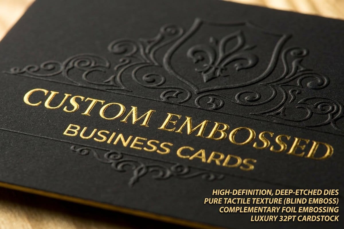Embossed business cards from 4OVER4 on 32pt laminated stock with a raised logo