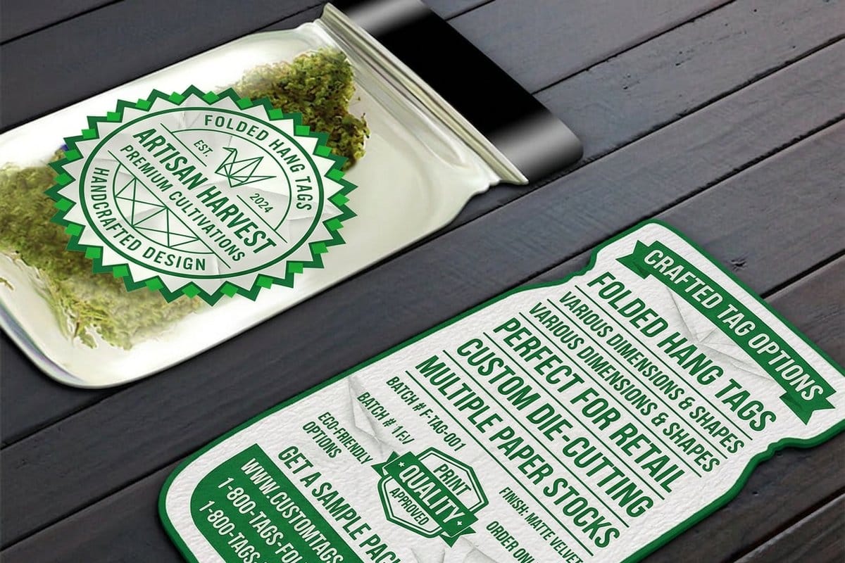 Folded hang tags from 4OVER4 showing an inner panel for care and pricing details