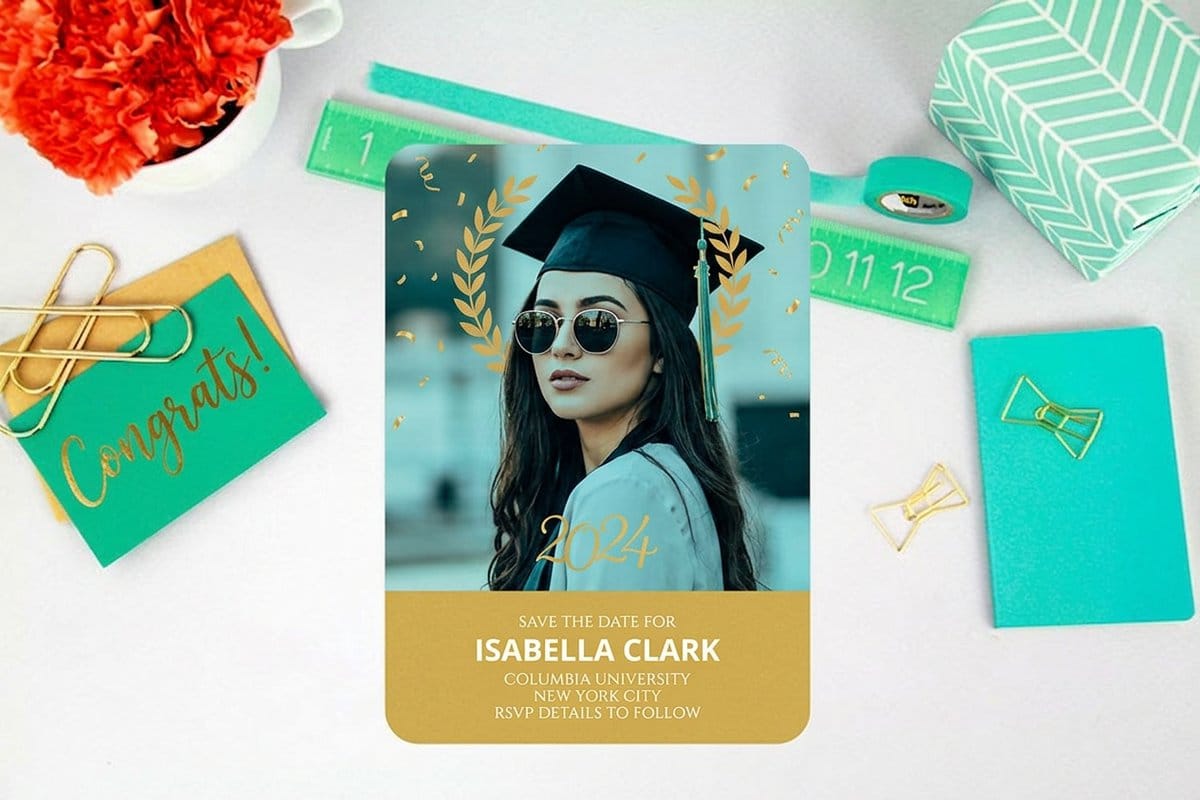 Graduation save the date cards printed by 4OVER4, a dated mailing piece that needs shipping days and mailing days budgeted separately