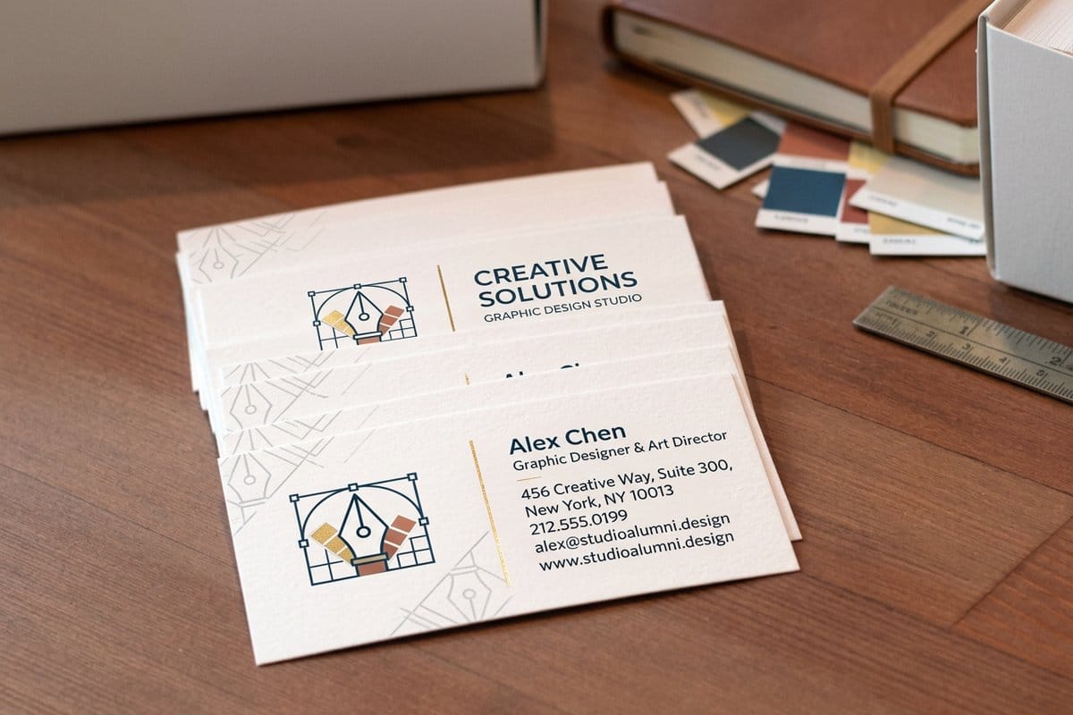 Graphic designer business cards printed by 4OVER4.COM showing bold type and a tactile finish